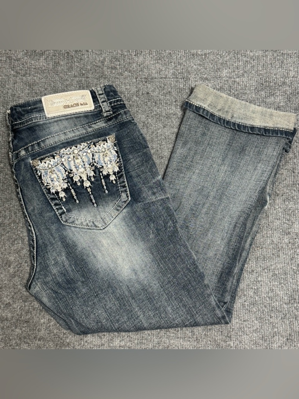 Grace in LA Capri Jeans 28 Medium Wash Bling Rhinestone Western Glam Cowgirl Y2K